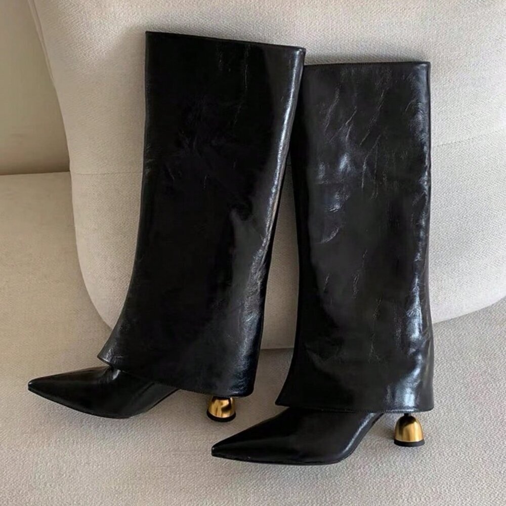 Black Western Style Women's High Riding Pointed Toe Boots - Picture 6 of 8